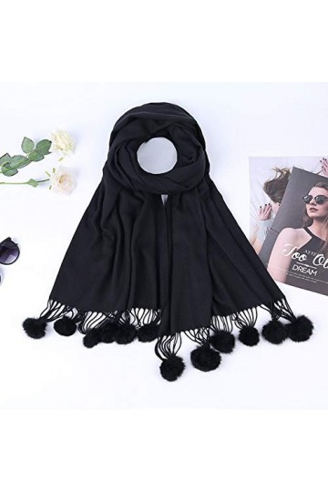 Écharpe Hiver Chaud Écharpe en Laine Cachemire Boule De Poils De Lapin Pompon Écharpe Épaisse Pashmina Châle Femme Couverture