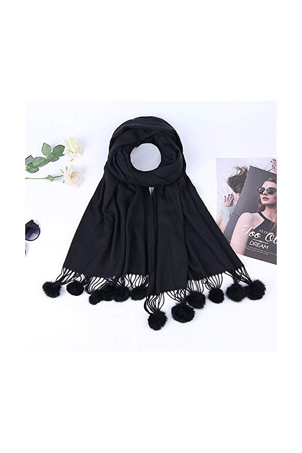 Écharpe Hiver Chaud Écharpe en Laine Cachemire Boule De Poils De Lapin Pompon Écharpe Épaisse Pashmina Châle Femme Couverture