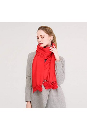 Écharpe Hiver Chaud Écharpe en Laine Cachemire Boule De Poils De Lapin Pompon Écharpe Épaisse Pashmina Châle Femme Couverture