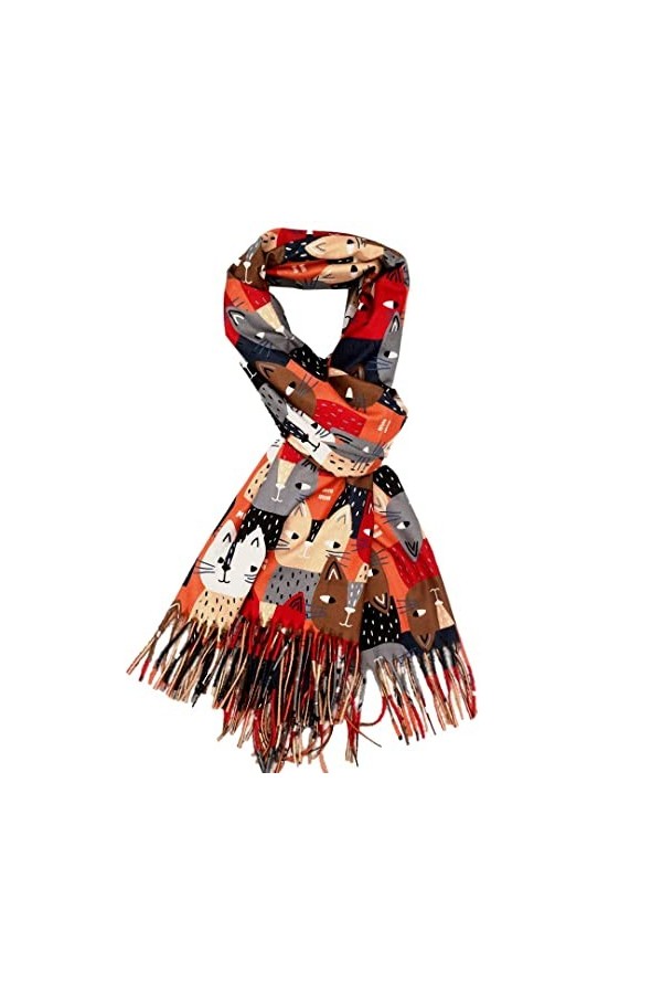 Purple Possum® Foulard pour femme avec motif chat orange, rouge, gris, confortable, pashmina, Orange, orange brûlé, rouge, L