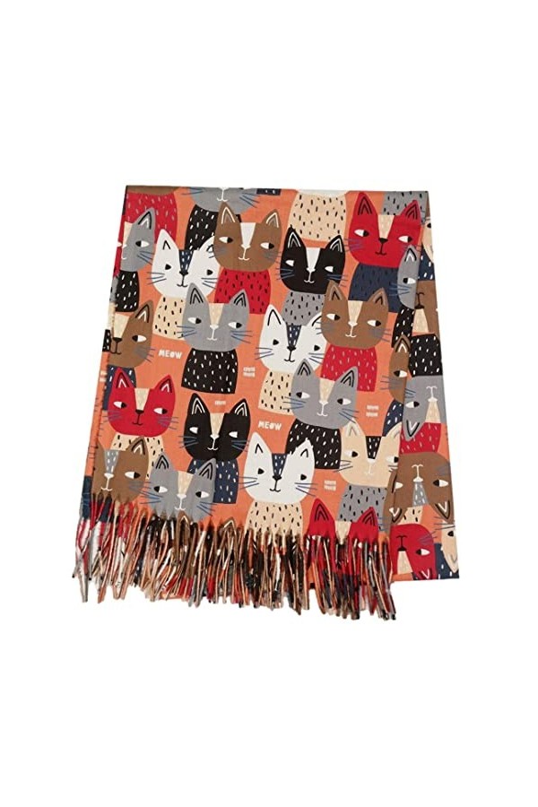 Purple Possum® Foulard pour femme avec motif chat orange, rouge, gris, confortable, pashmina, Orange, orange brûlé, rouge, L