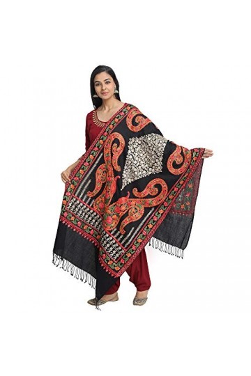 Écharpe châle Cachemire pour femme avec broderie florale indienne - noir - Taille L