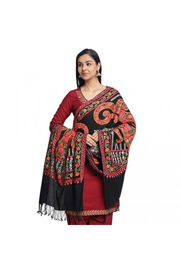 Écharpe châle Cachemire pour femme avec broderie florale indienne - noir - Taille L