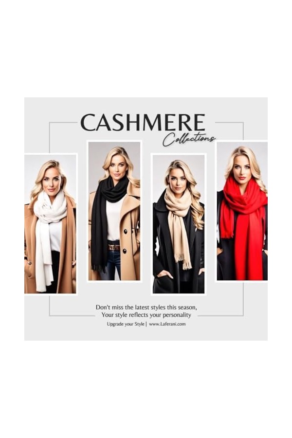 LA FERANI Écharpe dhiver en cachemire pour femme - 185 x 65 cm - Blanc - Pashmina - Laine unie - S2 noir , Noir , DE