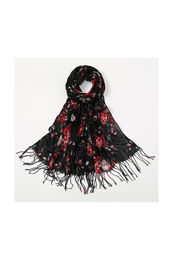 GOOFFY Mode Printemps Hijab Musulman, Lady Wrap Pashmina frangé écharpe rétro Floral Gland Viscose châle écharpe écharpes Fou