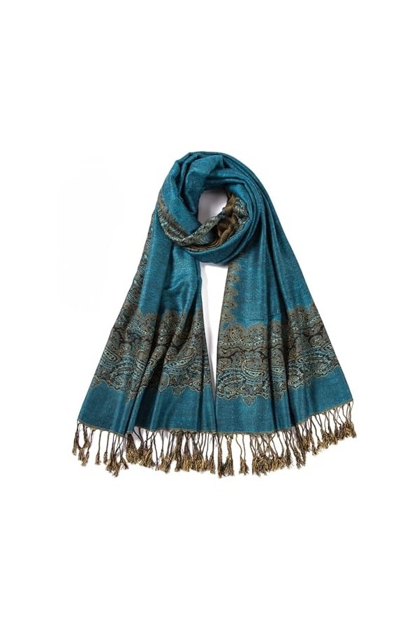 JMORCO Pashmina Soie Écharpe Châle Jacquard Avec Pompon Main Noeud 2 Couches Léger Rave Voyage Printemps Automne Grand Long 7