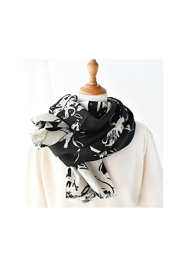 WYCSDD Brique Rouge Wrap Femmes Automne Hiver Mince Longue Écharpe Mode Casual Pashmina Châle Imprimé Fleurs Noir Blanc Laine