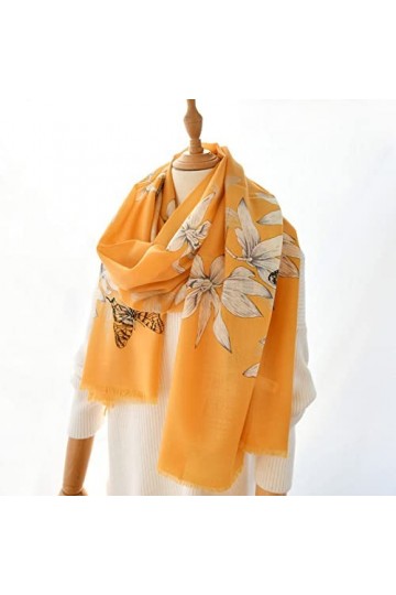 WYCSDD Écharpe en Laine Jaune Femmes Papillon et Fleurs Automne Hiver Minces Longues écharpes Bandana châle Mode Rose Pashmin
