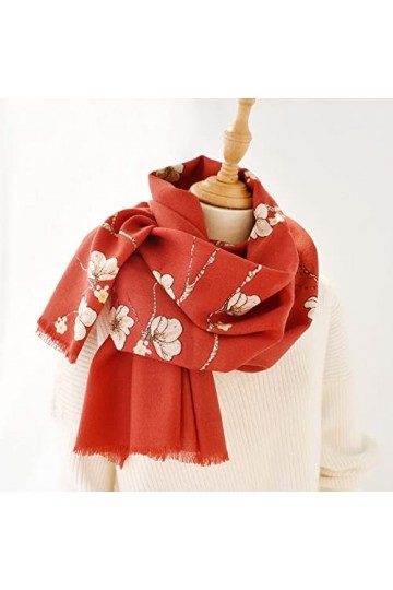 WYCSDD Écharpe en Laine Rouge Femmes imprimé Fleur de Prunier Hiver Longues écharpes Mince Chaud Bandana châle Mode Vert Pash