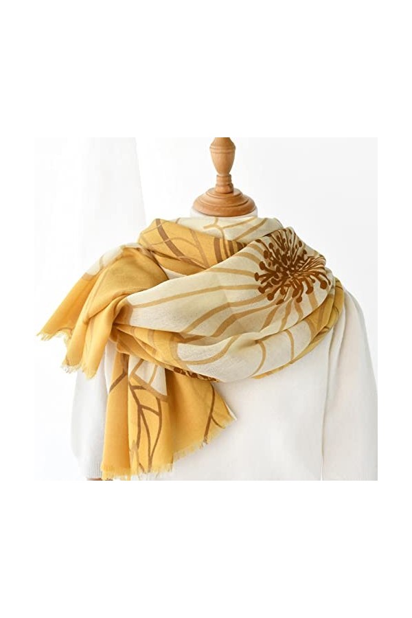 WYCSDD Jaune Wrap Femmes Automne Hiver Chaud Mince Longue Écharpe Mode Casual Pashmina Châle Imprimé Fleurs Bleu Foulards Dam