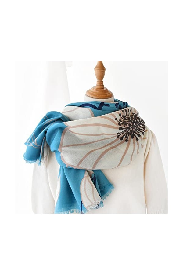 WYCSDD Jaune Wrap Femmes Automne Hiver Chaud Mince Longue Écharpe Mode Casual Pashmina Châle Imprimé Fleurs Bleu Foulards Dam