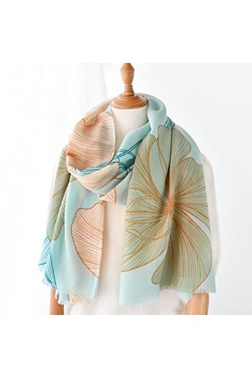 WYCSDD Laine Bleu Wrap Femmes Automne Hiver Chaud Mince Longue Écharpe Mode Casual Pashmina Châle Imprimé Fleurs Vert Foulard