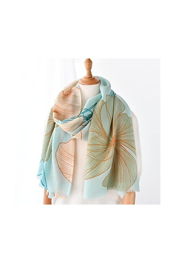 WYCSDD Laine Bleu Wrap Femmes Automne Hiver Chaud Mince Longue Écharpe Mode Casual Pashmina Châle Imprimé Fleurs Vert Foulard