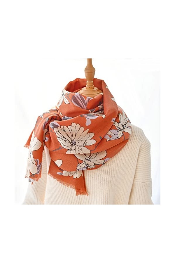 WYCSDD Écharpe en Laine Marron Femmes Imprimé Magnolia Automne Hiver Longues Écharpes Mince Chaud Bandana Châle De Mode Rose 