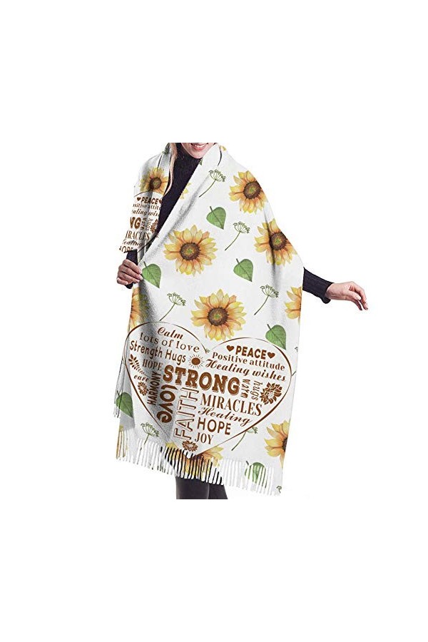 JUGUU Echarpes Et Foulardsfemmes Écharpe Printemps Hiver Tournesol Amour Mots De Guérison Écharpes En Cachemire Chaud Châles 