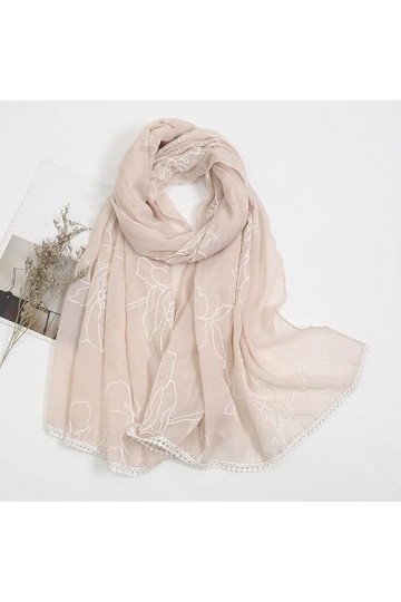 MORYEN Écharpe châle en viscose florale en dentelle brodée unie, Hijabs au point musulman enveloppe des écharpes Pashmina Sto