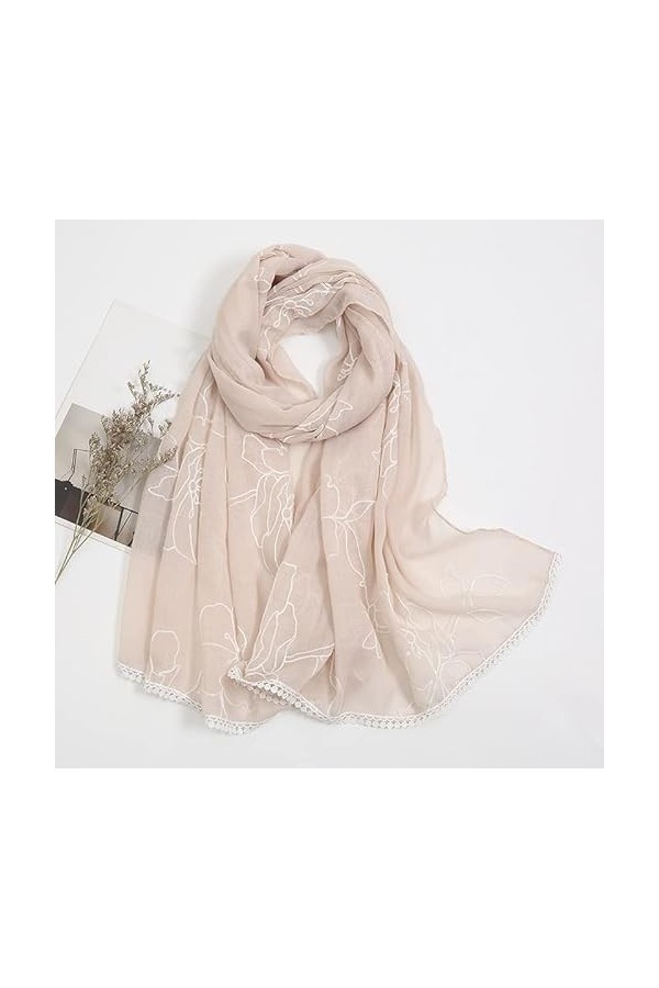 MORYEN Écharpe châle en viscose florale en dentelle brodée unie, Hijabs au point musulman enveloppe des écharpes Pashmina Sto