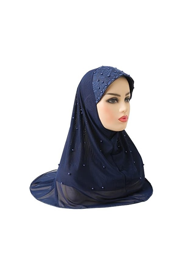 DABOURANG Hijab pour Femme Adultes Doux Filet Deux Couches Foulard Musulman Hijab Chapeau avec Dentelle Perle Bandeau Fille é