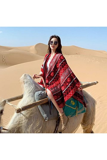 Écharpe Chaude Femme,Echarpe Femme Cachemire Feel Warm Reversible Pashmina Châle Foulard Fleur Ethnique Bordeaux Foulard Wrap