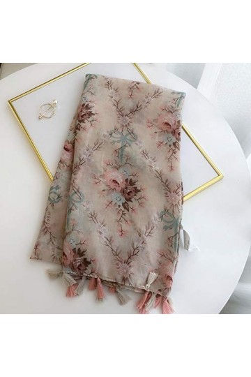 GCC Echarpe Femme en Coton et Lin Fleuri,Automne Et Hiver Imprimé Rose Écharpe Longue Châle Soleil avec Pompon Pink-180 * 100