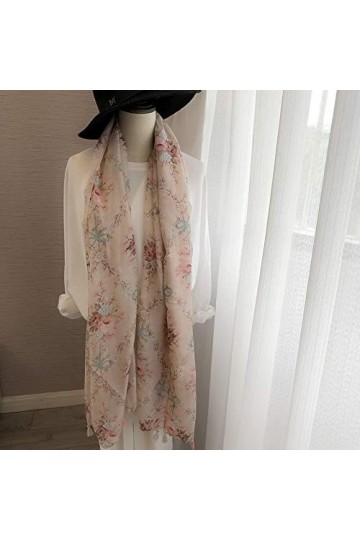 GCC Echarpe Femme en Coton et Lin Fleuri,Automne Et Hiver Imprimé Rose Écharpe Longue Châle Soleil avec Pompon Pink-180 * 100