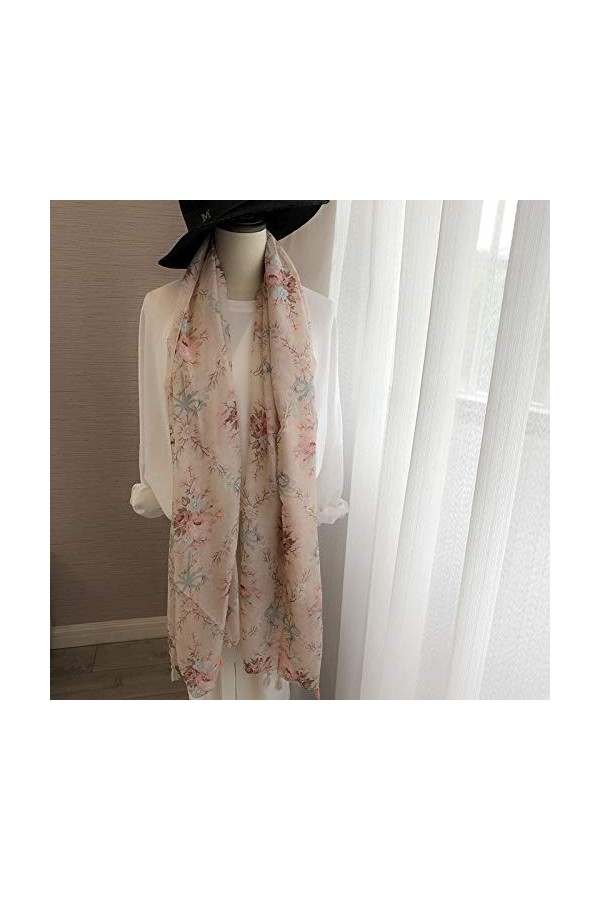 GCC Echarpe Femme en Coton et Lin Fleuri,Automne Et Hiver Imprimé Rose Écharpe Longue Châle Soleil avec Pompon Pink-180 * 100