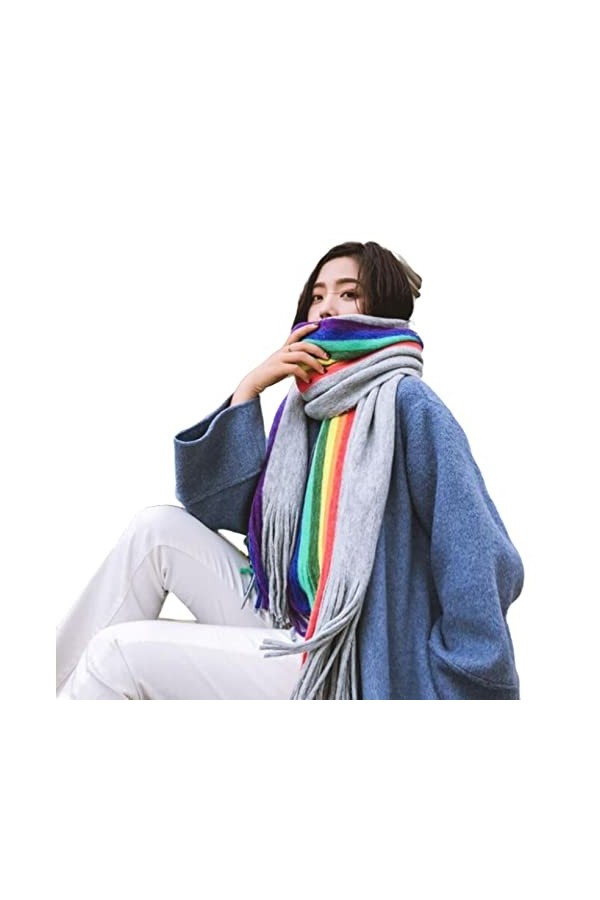 SPELAX écharpe Femme Chale Grand Plaid Écharpe Épaisse dhiver Enveloppement De Châle Arc-en-Ciel Chaud du Tippet Vintage Pon