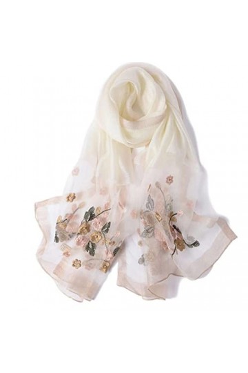 SLEA Echarpes Femme,Beige Begonia Fleur Broderie Soie Dames écharpe légère élégante écharpes Voyage Serviette de Plage crème 