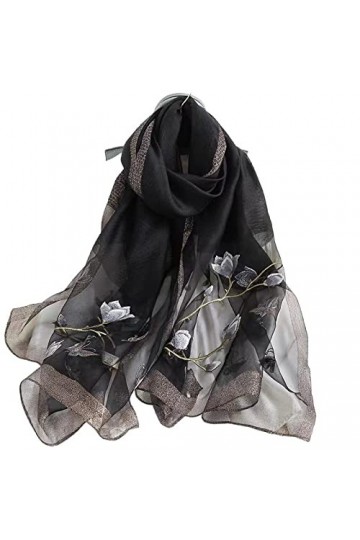SLEA Echarpes Femme,Noir Magnolia Broderie Soie Dames Écharpe Léger Écharpes Élégantes Voyage Serviette de Plage crème Solair