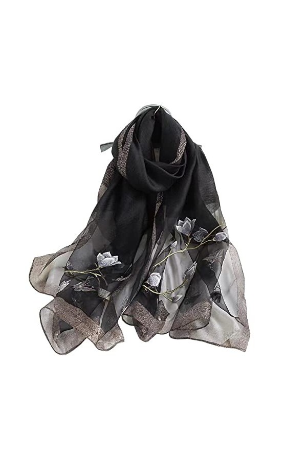 SLEA Echarpes Femme,Noir Magnolia Broderie Soie Dames Écharpe Léger Écharpes Élégantes Voyage Serviette de Plage crème Solair