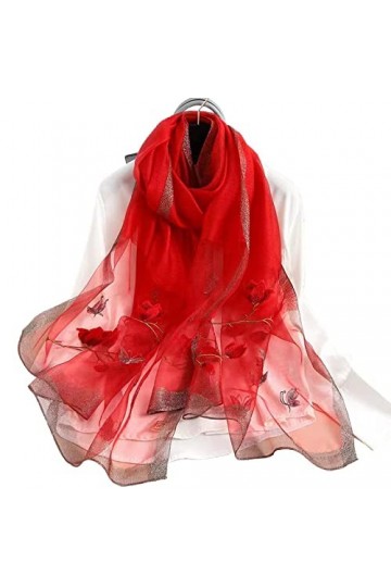 SLEA Echarpe Femme,Rouge Magnolia Broderie Soie Dames Écharpe Léger Écharpes Élégantes Voyage Serviette de Plage crème Solair