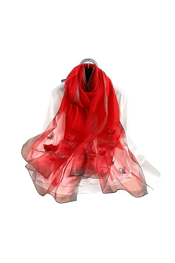 SLEA Echarpe Femme,Rouge Magnolia Broderie Soie Dames Écharpe Léger Écharpes Élégantes Voyage Serviette de Plage crème Solair