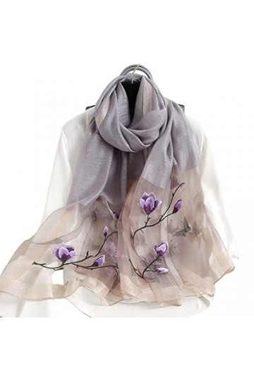 echarpes et foulards femme,gris Magnolia broderie soie dames Écharpe Léger Écharpes Élégantes Voyage serviette de plage crème