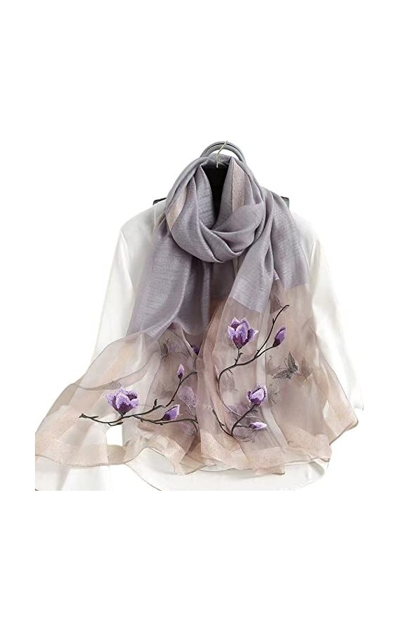 echarpes et foulards femme,gris Magnolia broderie soie dames Écharpe Léger Écharpes Élégantes Voyage serviette de plage crème