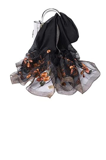 SLEA Echarpe Femme,Noir bégonia Fleur Broderie Soie Dames écharpe léger élégant écharpes Voyage Serviette de Plage crème Sola