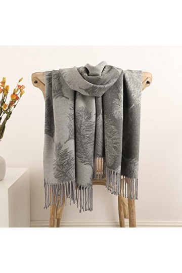 RFEGEF Femme Écharpe Pashmina,Écharpes Et Châles pour Dames Gris Jacquard De Plumes À La Mode Gland en Cachemire Réversible L