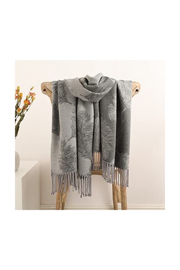 RFEGEF Femme Écharpe Pashmina,Écharpes Et Châles pour Dames Gris Jacquard De Plumes À La Mode Gland en Cachemire Réversible L