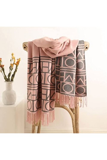 RFEGEF Femme Écharpe Pashmina,Dames Écharpes Et Châles Rose Lettre De Mode Gland Jacquard Longues Écharpes dhiver Douces Gra