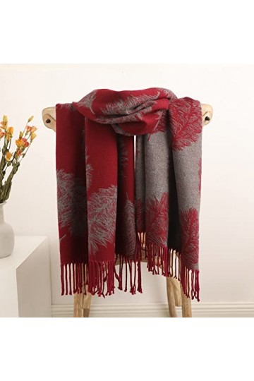 RFEGEF Femme Écharpe Pashmina,Écharpes Et Châles pour Dames Vin Rouge Jacquard De Plumes À La Mode Gland en Cachemire Réversi