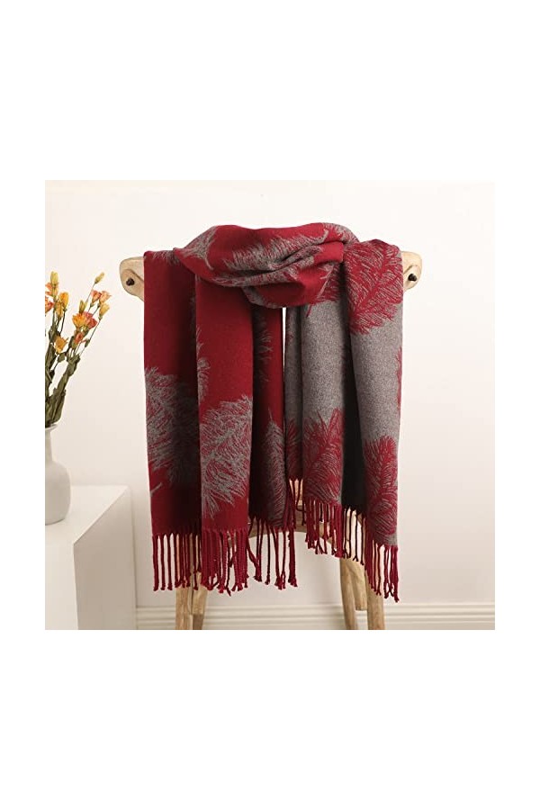 RFEGEF Femme Écharpe Pashmina,Écharpes Et Châles pour Dames Vin Rouge Jacquard De Plumes À La Mode Gland en Cachemire Réversi
