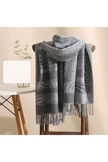RFEGEF Femme Écharpe Pashmina,Écharpes Et Châles pour Dames Gris Mode Jacquard Léopard Gland en Cachemire Réversible Longue E