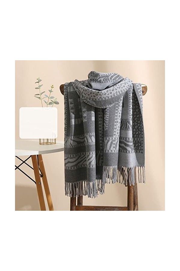 RFEGEF Femme Écharpe Pashmina,Écharpes Et Châles pour Dames Gris Mode Jacquard Léopard Gland en Cachemire Réversible Longue E
