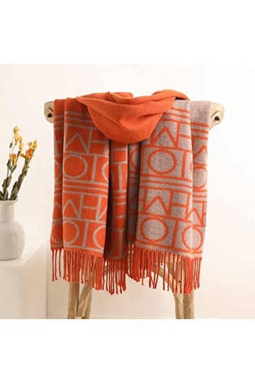 RFEGEF Femme Écharpe Pashmina,Dames Écharpes Et Châles Orange Lettre De Mode Jacquard Gland Long Doux Hiver Écharpes Grand Ch