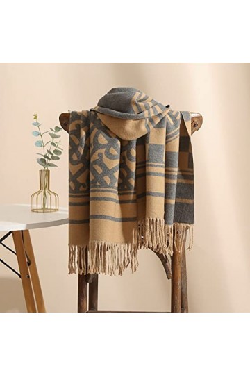 RFEGEF Femme Écharpe Pashmina,Écharpes Et Châles pour Dames Kaki Lettre De Mode Jacquard Gland en Cachemire Réversible Longue