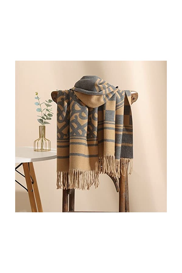 RFEGEF Femme Écharpe Pashmina,Écharpes Et Châles pour Dames Kaki Lettre De Mode Jacquard Gland en Cachemire Réversible Longue