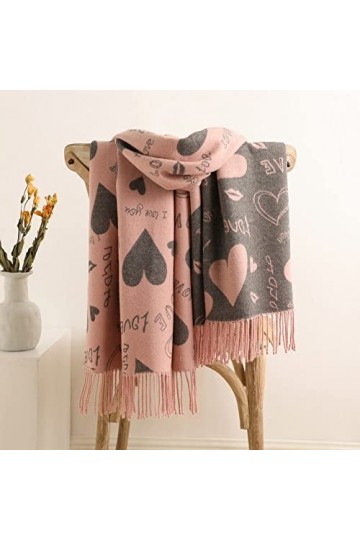 RFEGEF Femme Écharpe Pashmina,Dames Écharpes Et Châles Rose Mode Coeur Lettre Jacquard Gland Long Doux Hiver Écharpes Grand C