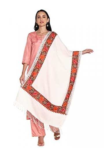 Grande écharpe brodée en fausse laine pashmina pour femme - Grande écharpe indienne surdimensionnée pour lhiver, blanc,