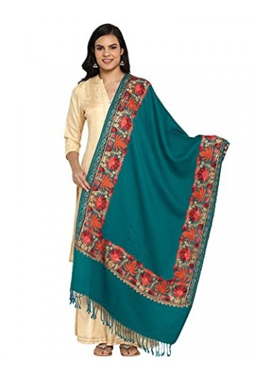 Grande écharpe brodée pour femme en fausse laine pashmina, kashmiri indien surdimensionné pour lhiver, Vert deau,