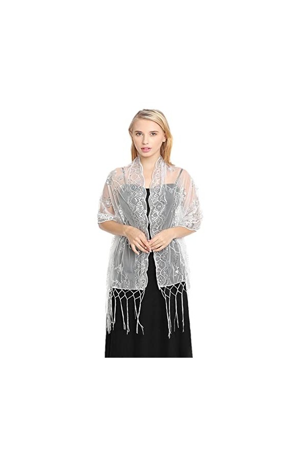Youllyuu Châle à franges à paillettes style années 1920, blanc, taille unique