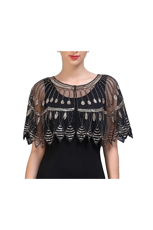 wjnvfioo Châle à paillettes pour femme - Style Art déco - Robe de soirée - Accessoire de costume, Noir , taille unique